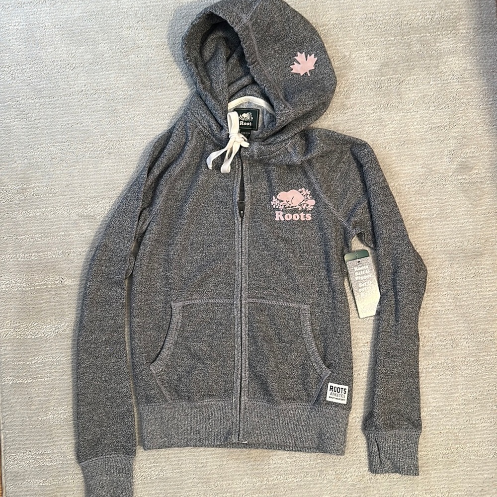 Roots Original Full Zip Hoodie Salt Pepper NWT size XXS Baby Pink felt